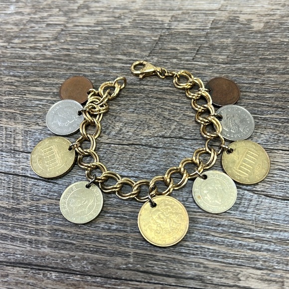 Estate Antique 7” Foreign Coin Charm Bracelet 925 Italy - Picture 7 of 9